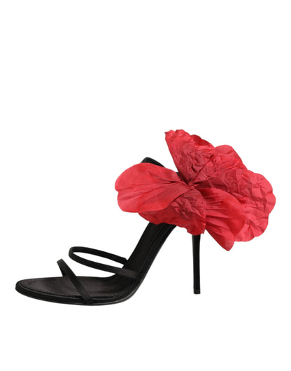 Dolce & Gabbana Black Leather Strappy Flower Heels Sandals  Shoes