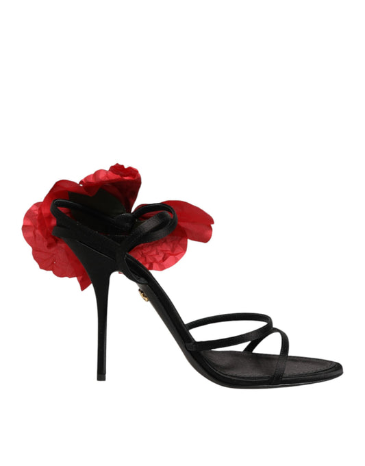 Dolce & Gabbana Black Leather Strappy Flower Heels Sandals  Shoes
