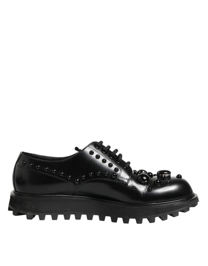 Dolce & Gabbana Black Leather Studded Men Formal Derby  Shoes