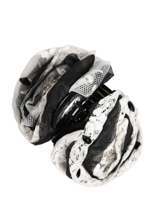 Dolce & Gabbana Black White Silk Floral Lace Crystal Accessory Hair Claw