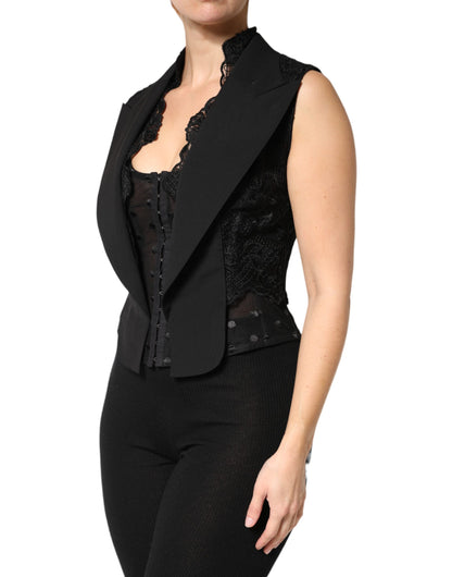 Dolce & Gabbana Black Lace V-neck Slit Hem Gathered Waist Vest Jacket