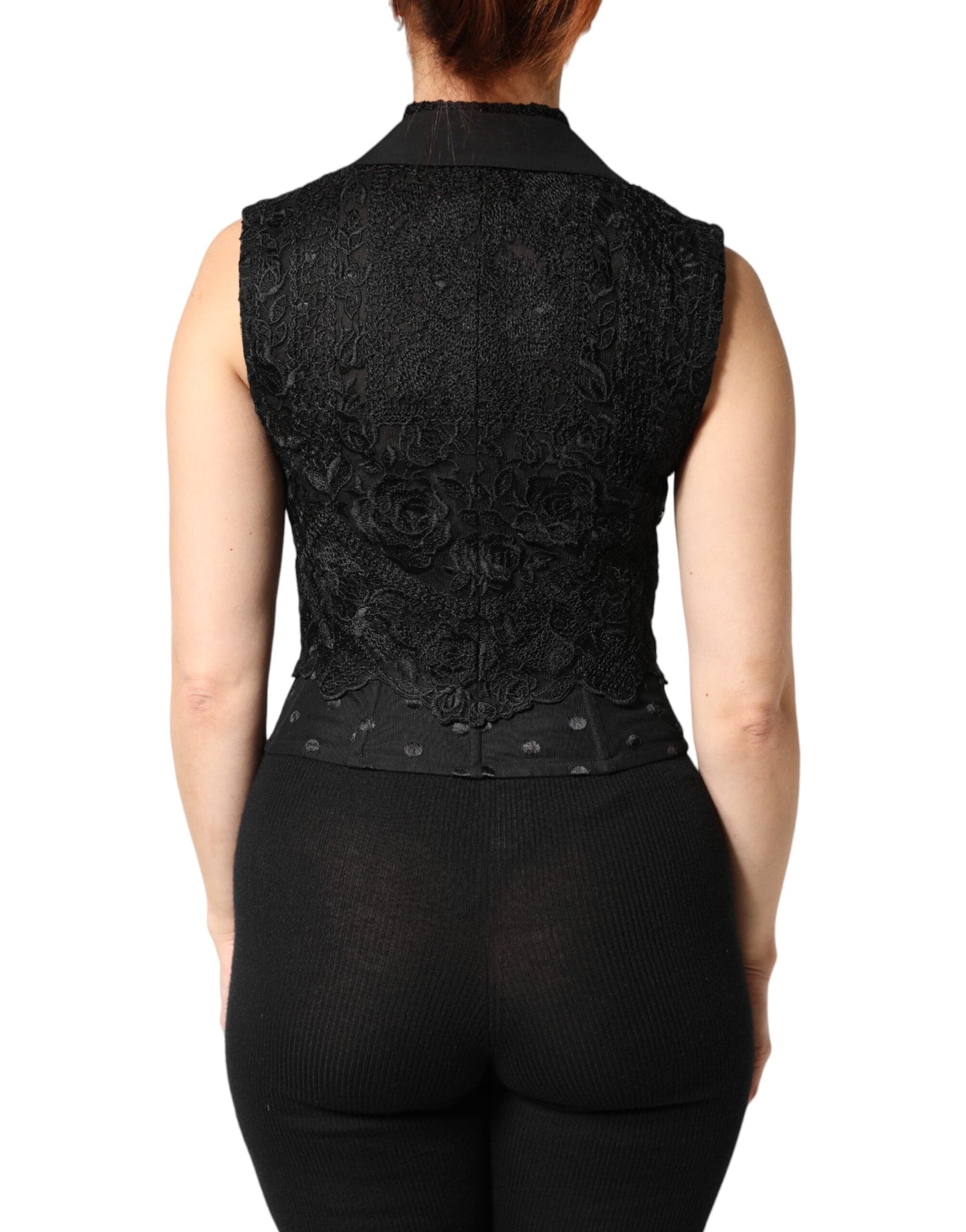 Dolce & Gabbana Black Lace V-neck Slit Hem Gathered Waist Vest Jacket