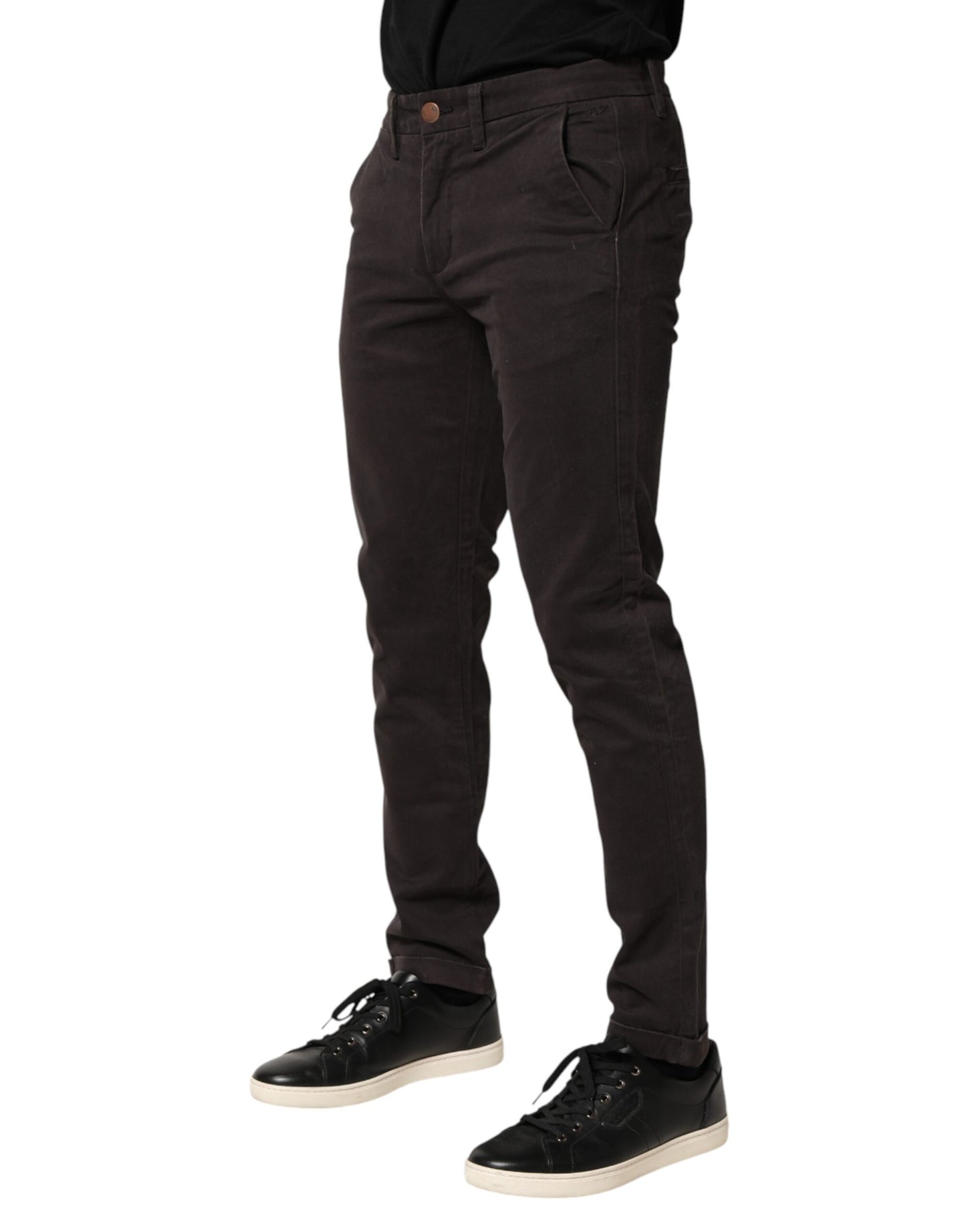 Sun68 Dark Brown Cotton Stretch Skinny Mid Waist Men Trouser Pants