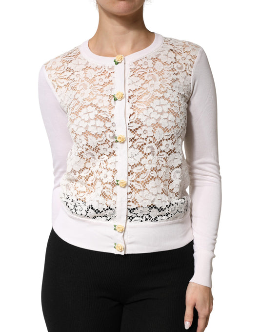 Dolce & Gabbana Cream Lace Knit Rose Button Cardigan Sweater