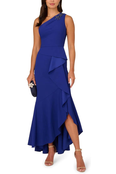 Adrianna Papell Beaded One-Shoulder Sleeveless Side Zipper Closure Ruffles Draped Details Dress-1