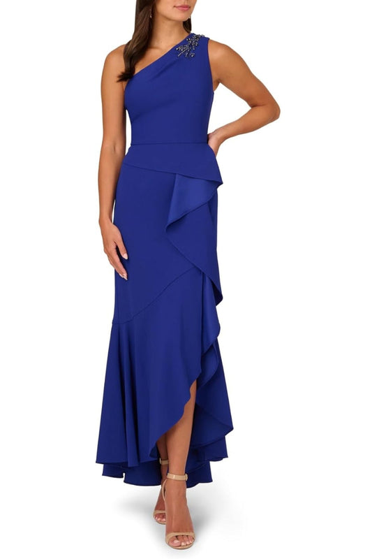 Adrianna Papell Beaded One-Shoulder Sleeveless Side Zipper Closure Ruffles Draped Details Dress-0