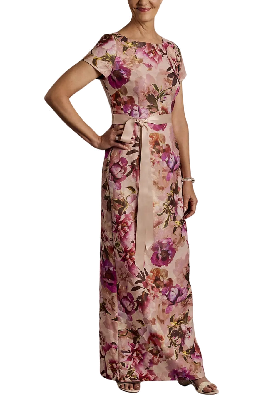 Adrianna Papell Floral Print Short-Sleeve Back Zipper Sheath Slim Column Dress-0