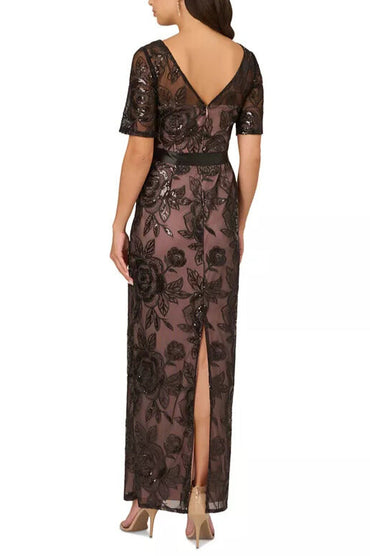 Adrianna Papell Boat Neck Short-Sleeve Sequined Lace Mermaid, Waist Tie Long Dress-1
