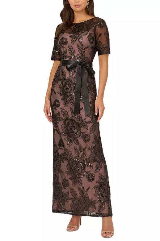Adrianna Papell Boat Neck Short-Sleeve Sequined Lace Mermaid, Waist Tie Long Dress-0