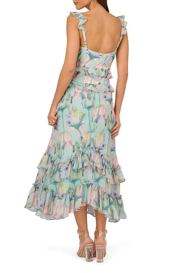 Adrianna Papell Floral Print Chiffon V-Neck Sleeveless Ruffle Trim Midi Dress-1