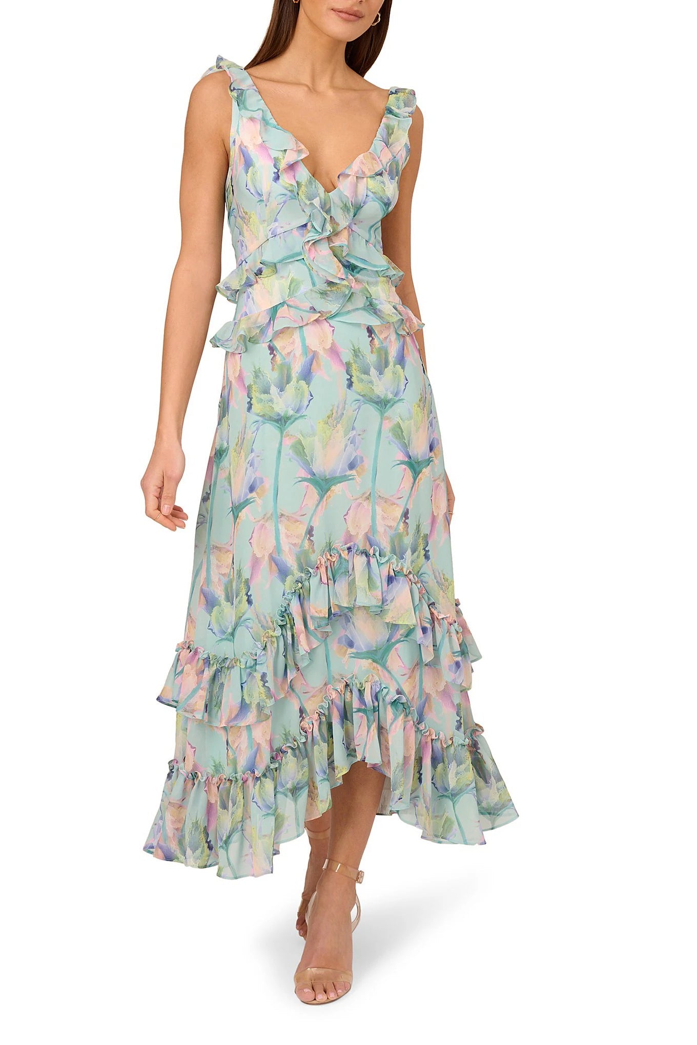 Adrianna Papell Floral Print Chiffon V-Neck Sleeveless Ruffle Trim Midi Dress-0