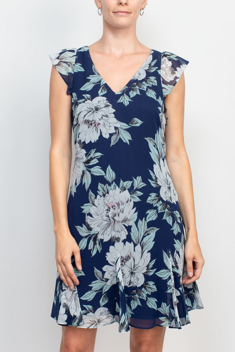 Adrianna Papell V-Neck Short Sleeve Zipper Back Floral Print Godet Hem Chiffon Dress-1