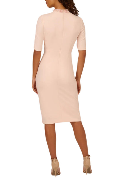 Adrianna Papell Joyful Blush High Collar Embellished Short Sleeve Crepe Midi Sheath Dress-2