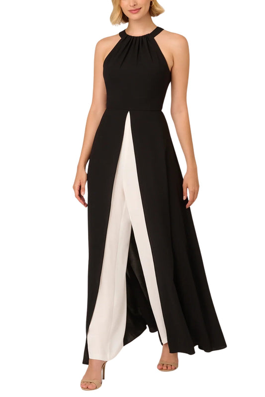 Adrianna Papell Halter Crepe Overlay Wide Leg Jumpsuit-0