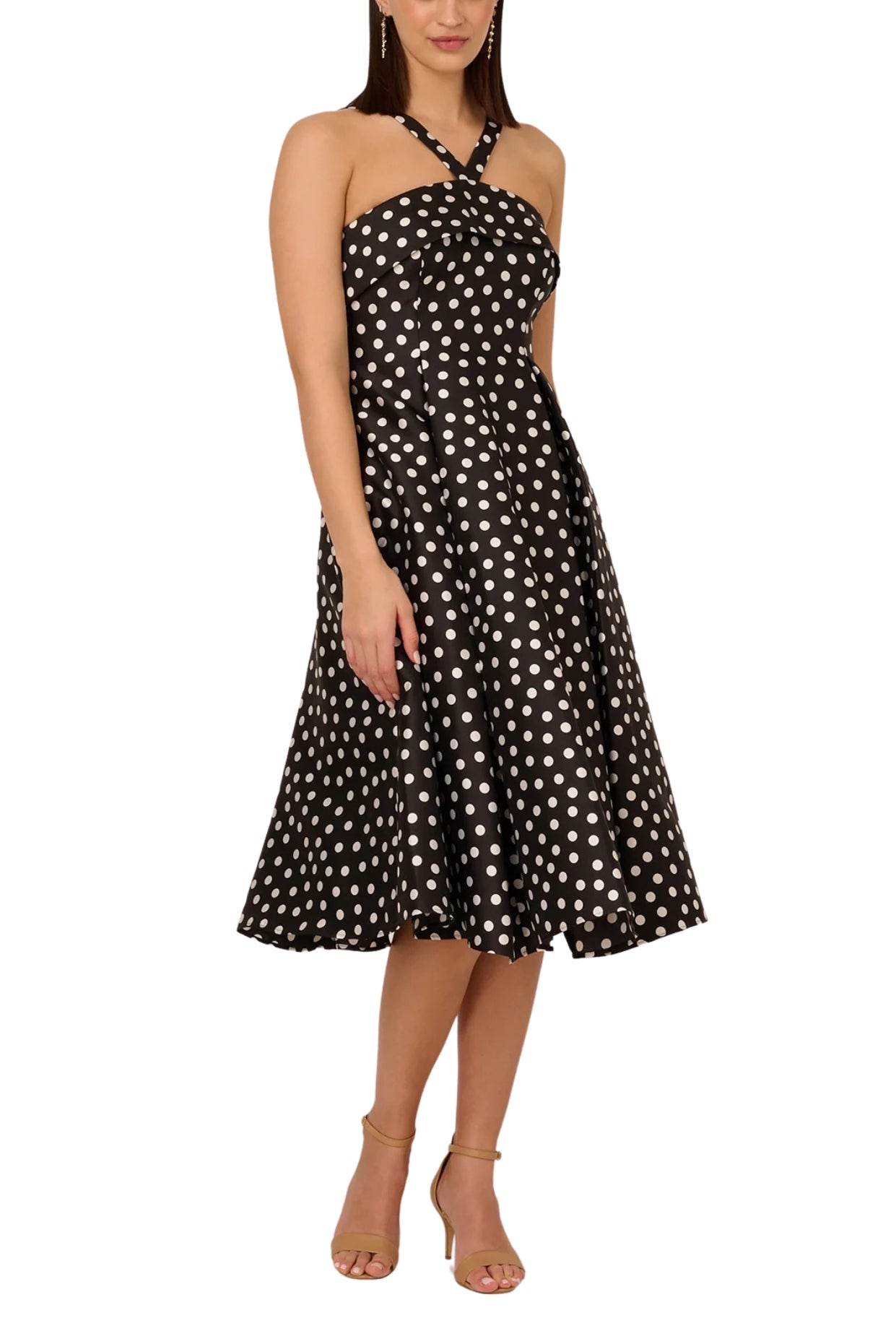 Adrianna Papell Polka Dot Halter Neckline Mikado Fit and Flare A-Line Midi Dress with Side Pockets-0