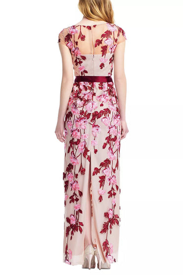 Adrianna Papell Boat Neck Cap Sleeve Tie Waist Floral Embroidered Keyhole Slit Back Embroidered Mesh Dress-1