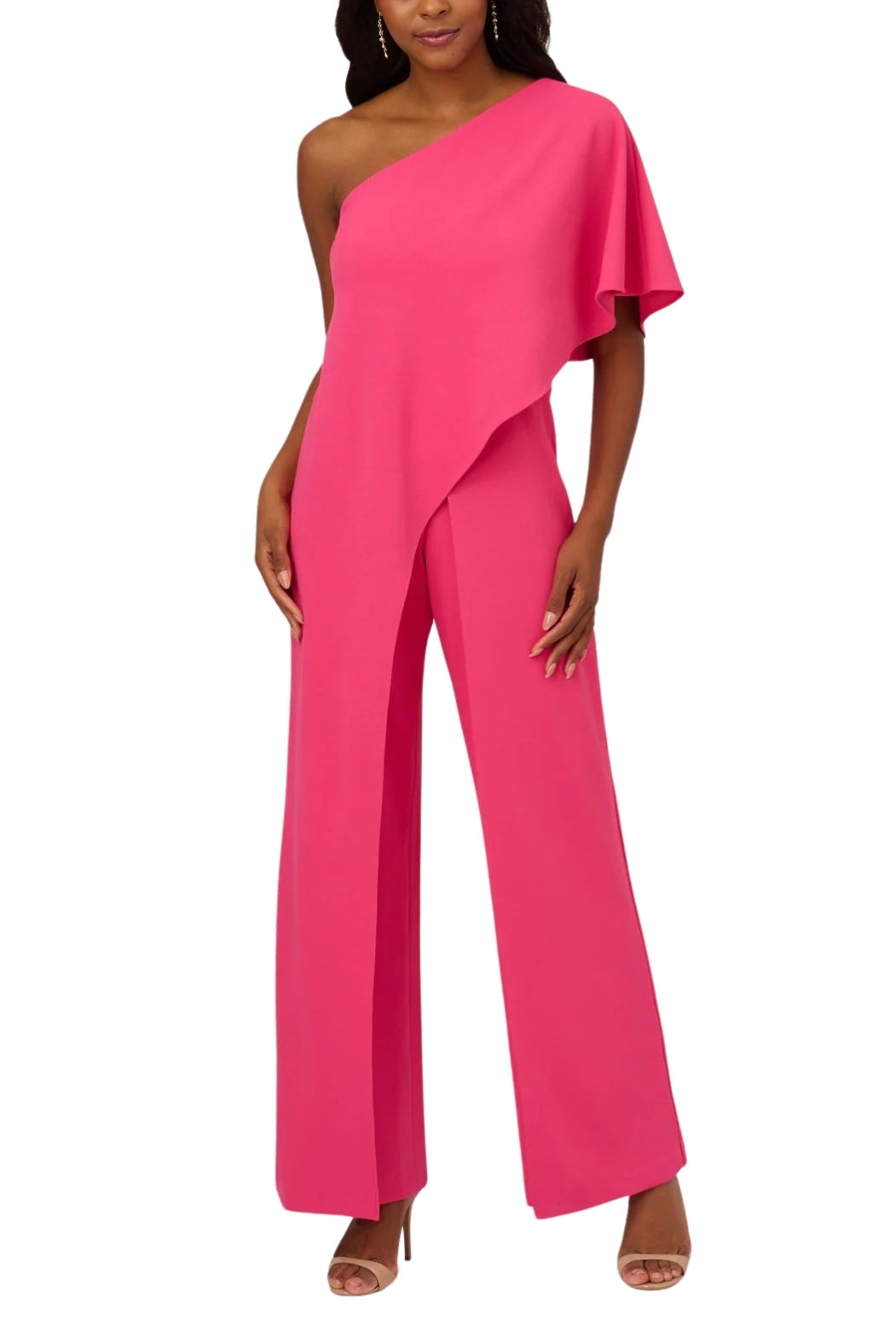 Adrianna Papell Asymmetrical One Shoulder Cape Sleeve Stretch Crepe Solid Jumpsuit (Plus Size)-0