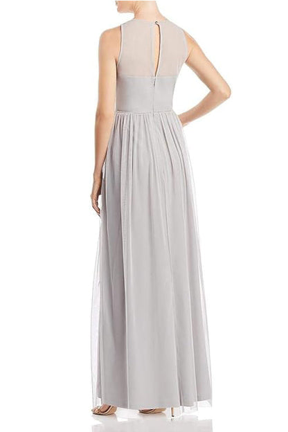 Adrianna Papell Crew Neck Sleeveless Illusion Ruched Keyhole Back Embroidered Mesh Gown-1