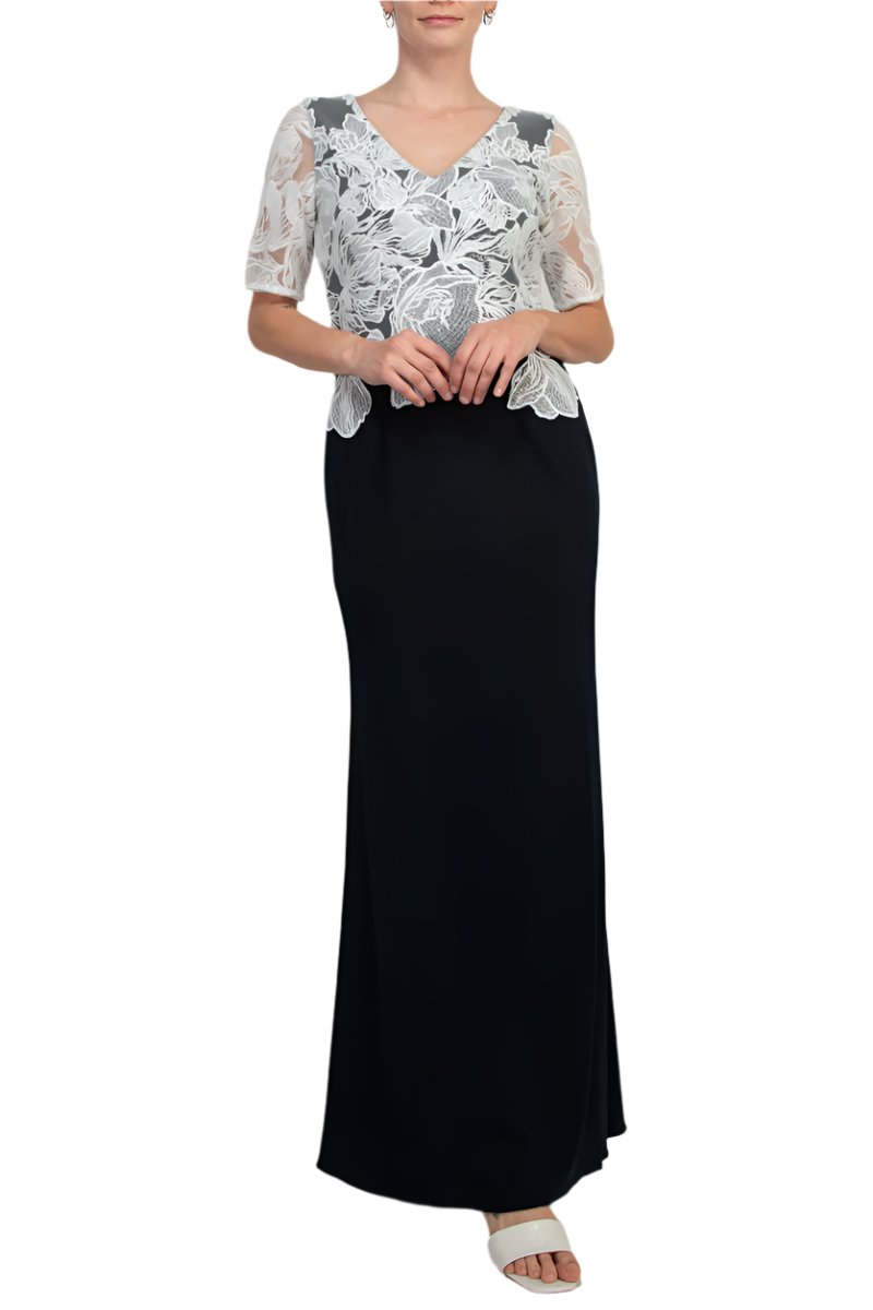 Adrianna Papell V-Neck Short Sleeve Embroidered Bodice Zipper Back Column Stretch Crepe Gown-1