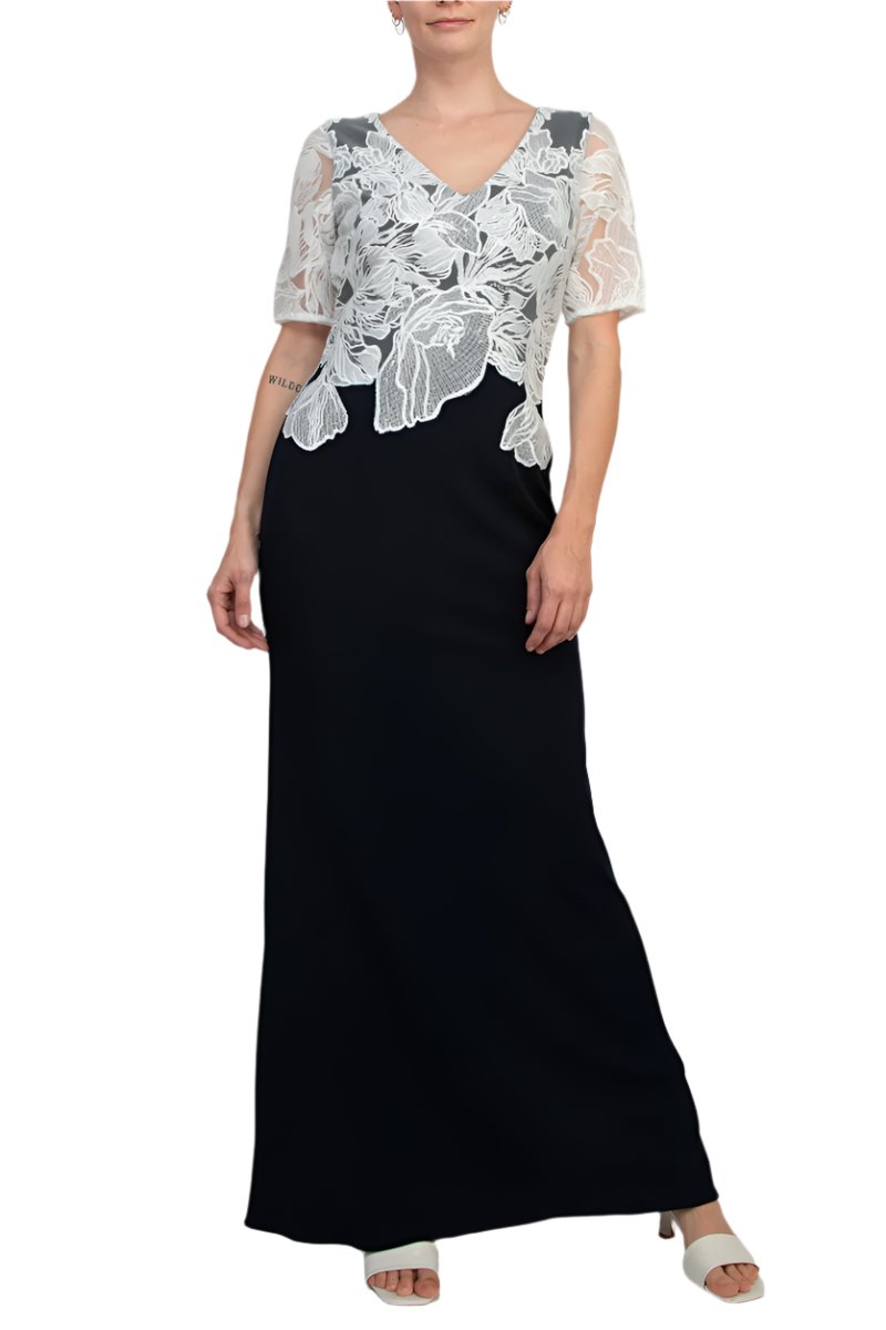 Adrianna Papell V-Neck Short Sleeve Embroidered Bodice Zipper Back Column Stretch Crepe Gown-0