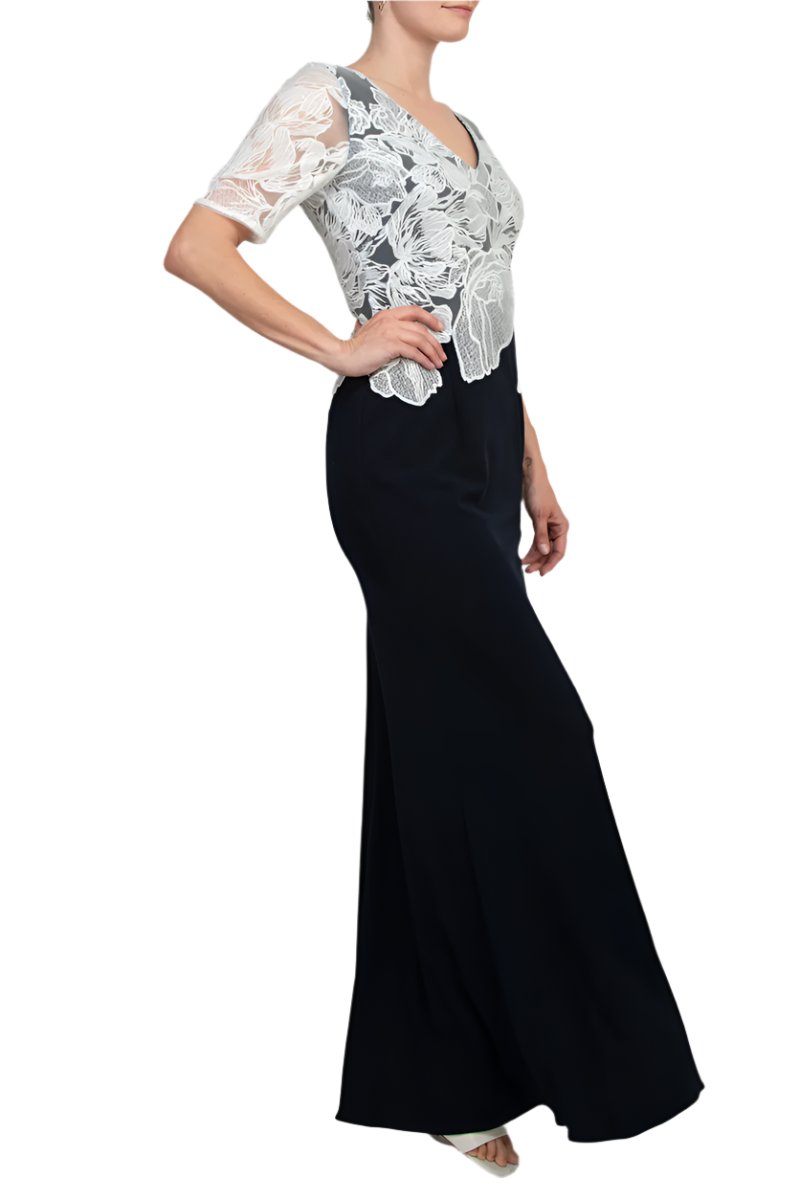 Adrianna Papell V-Neck Short Sleeve Embroidered Bodice Zipper Back Column Stretch Crepe Gown-2