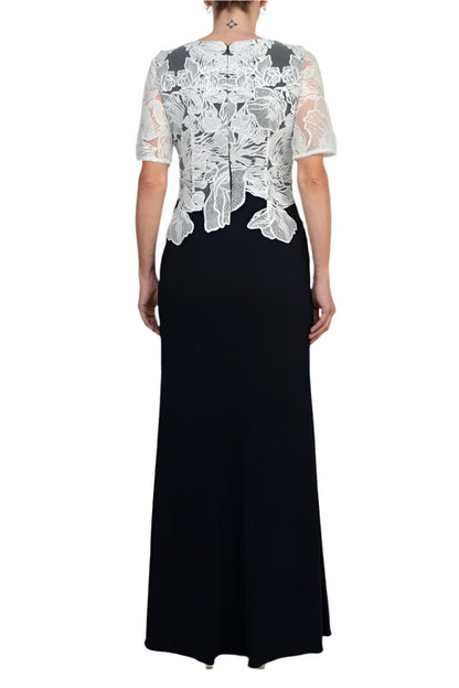 Adrianna Papell V-Neck Short Sleeve Embroidered Bodice Zipper Back Column Stretch Crepe Gown-3