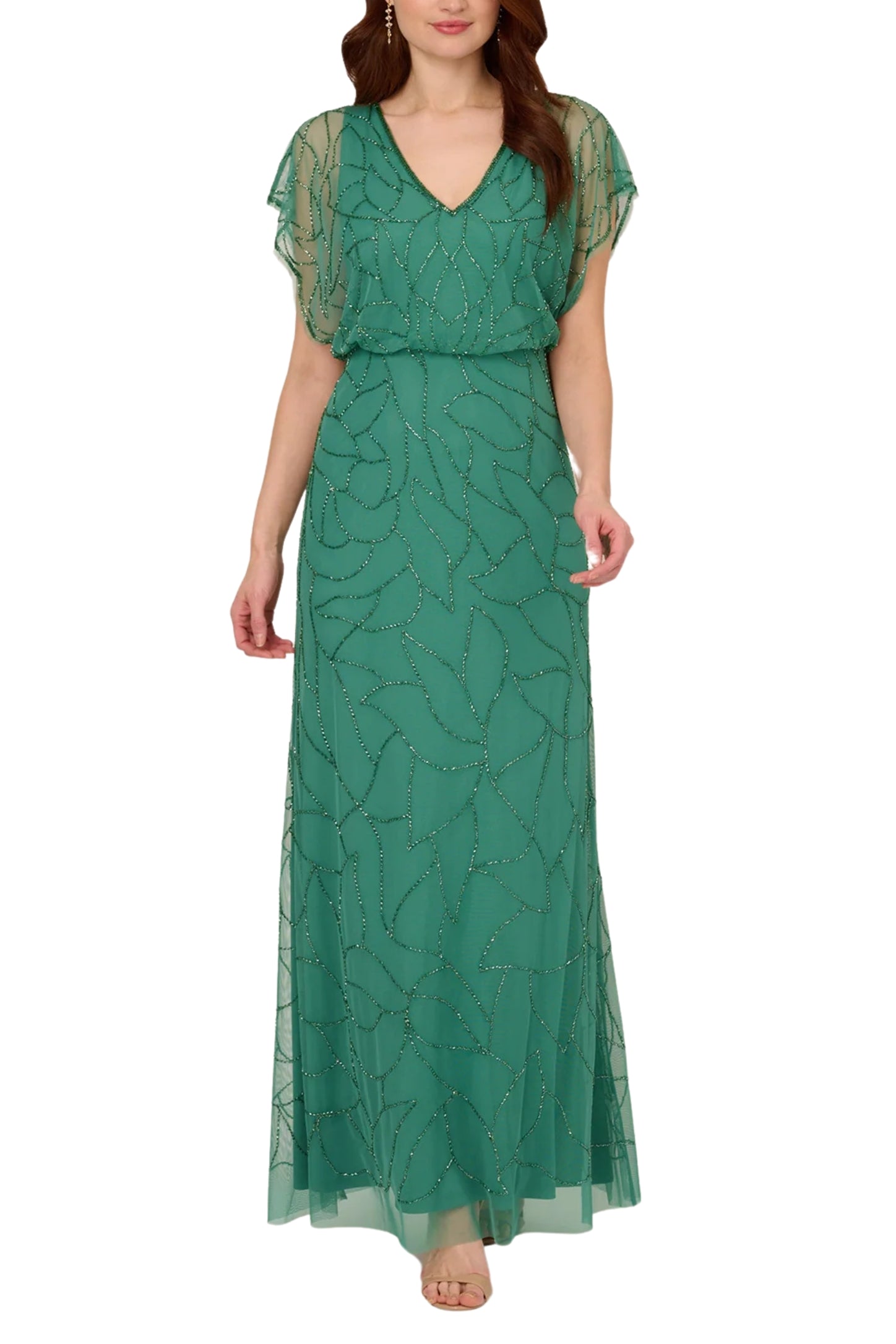 Adrianna Papell V-Neck Beaded Blouson Mermaid Gown with Short Sleeves (Plus Size)-0