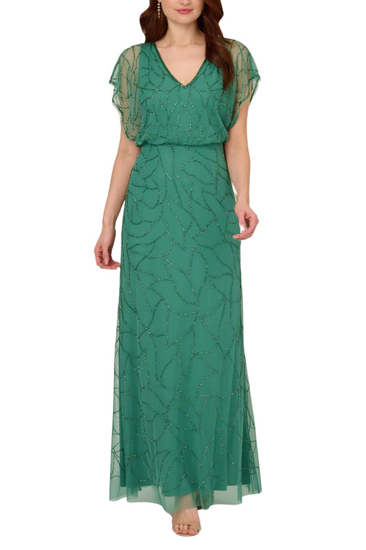 Adrianna Papell V-Neck Beaded Blouson Mermaid Gown with Short Sleeves (Plus Size)-0