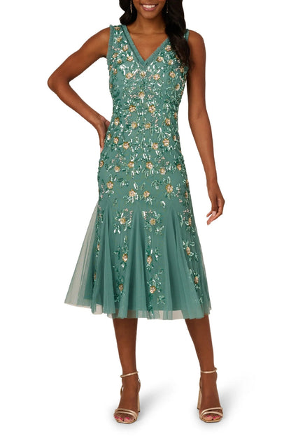 Adrianna Papell Ruffle Beaded Midi Mermaid Cocktail Dress-0