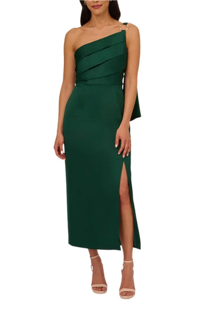 Adrianna Papell Asymmetrical Neck One Shoulder Pleated Bodice Metal Ring Accent Slit Side Satin Crepe Gown-5