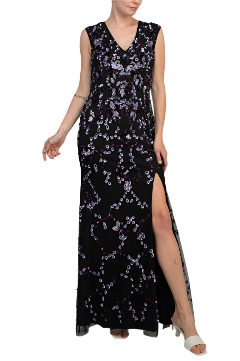 Adrianna Papell Beaded V Neck Sleeveless Font Slit Gown-0