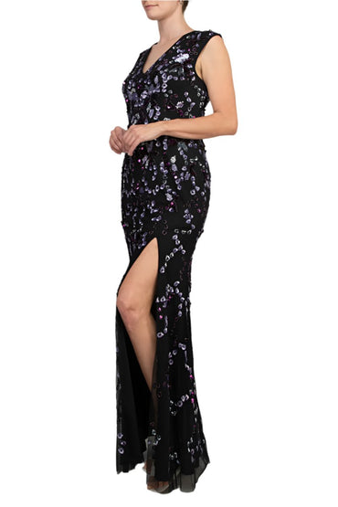 Adrianna Papell Beaded V Neck Sleeveless Font Slit Gown-1