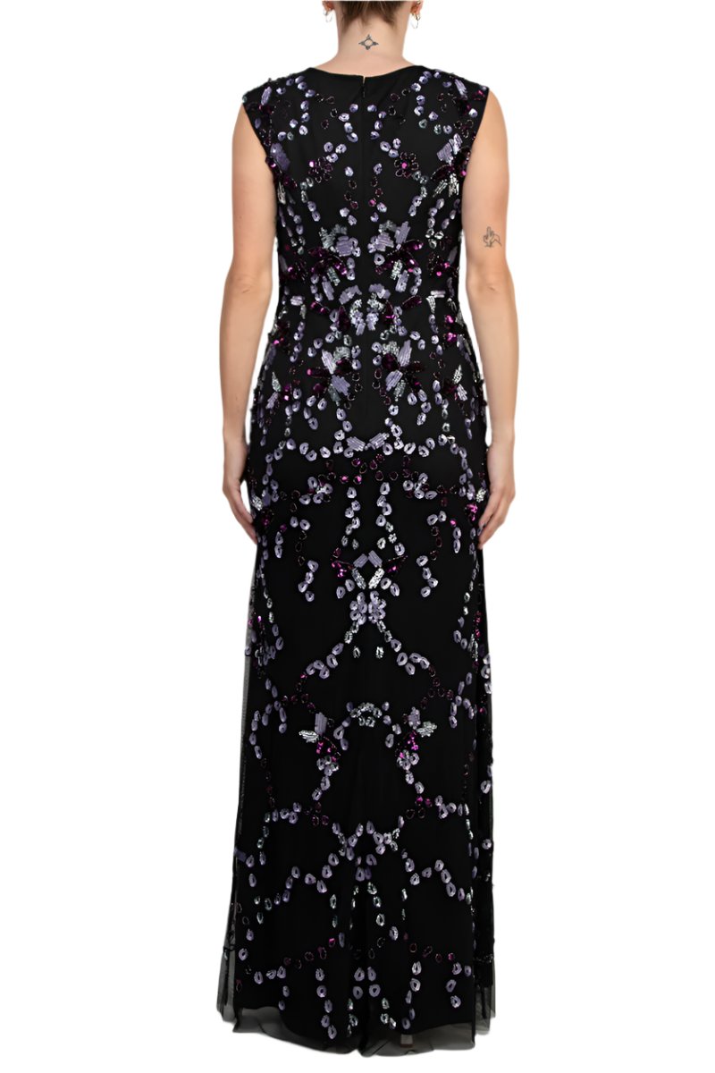 Adrianna Papell Beaded V Neck Sleeveless Font Slit Gown-2