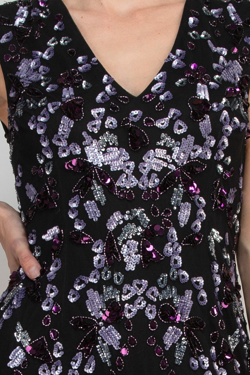 Adrianna Papell Beaded V Neck Sleeveless Font Slit Gown-3