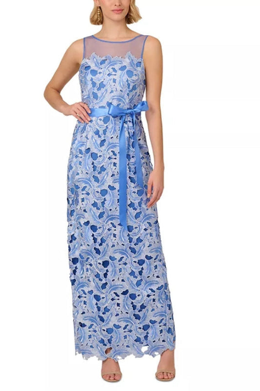 Adrianna Papell Boat Neckline Sleeveless Ribbon Tie Tonal Lace Sheath Silhouette Dress-0