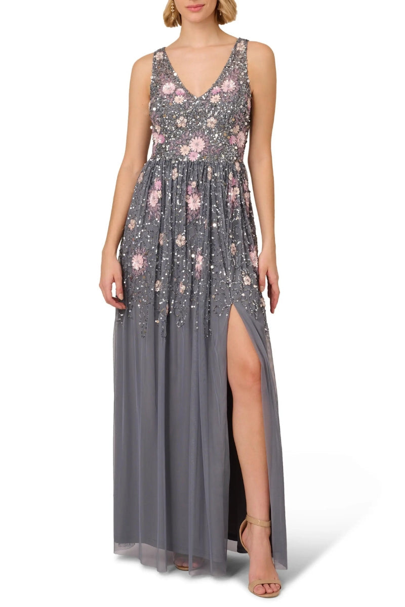 Adrianna Papell Beaded Mesh Gown
