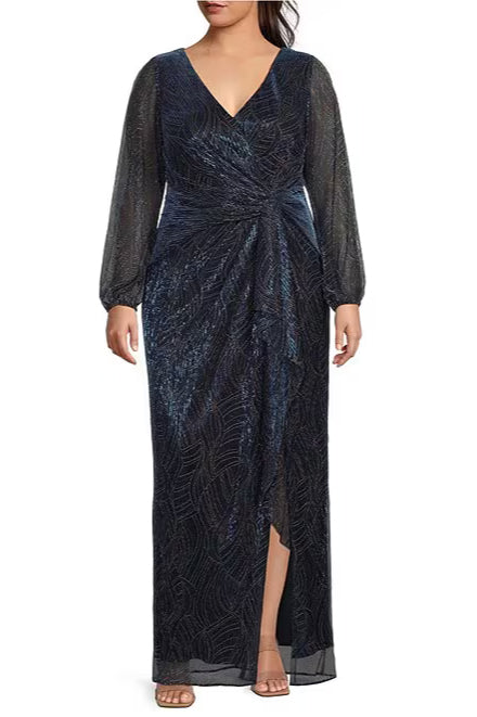 Adrianna Papell Metallic Mesh Surplice V-Neck Long Sleeve A-Line Dress ( Plus Size )-0
