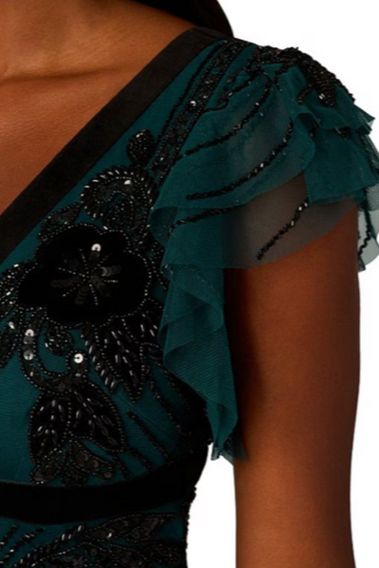 Adrianna Papell V-Neck Velvet Trim Beaded Mesh Midi and Back V-Neck Dress-3
