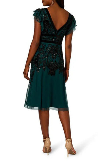 Adrianna Papell V-Neck Velvet Trim Beaded Mesh Midi and Back V-Neck Dress-1