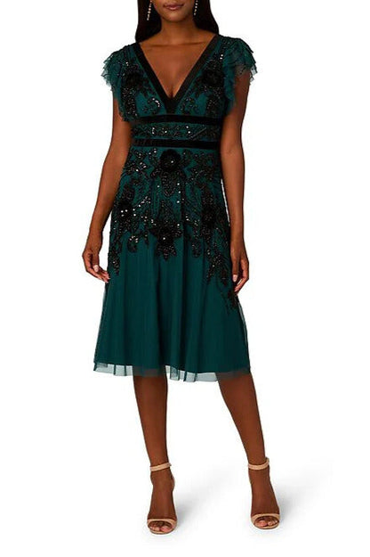 Adrianna Papell V-Neck Velvet Trim Beaded Mesh Midi and Back V-Neck Dress-0