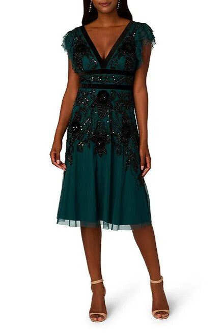 Adrianna Papell V-Neck Velvet Trim Beaded Mesh Midi and Back V-Neck Dress-0