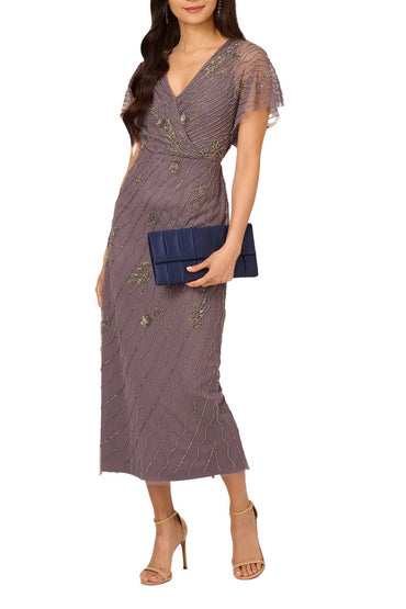 Adrianna Papell Beaded Ankle Length Dress With Sheer Flutter Sleeves Dress-1
