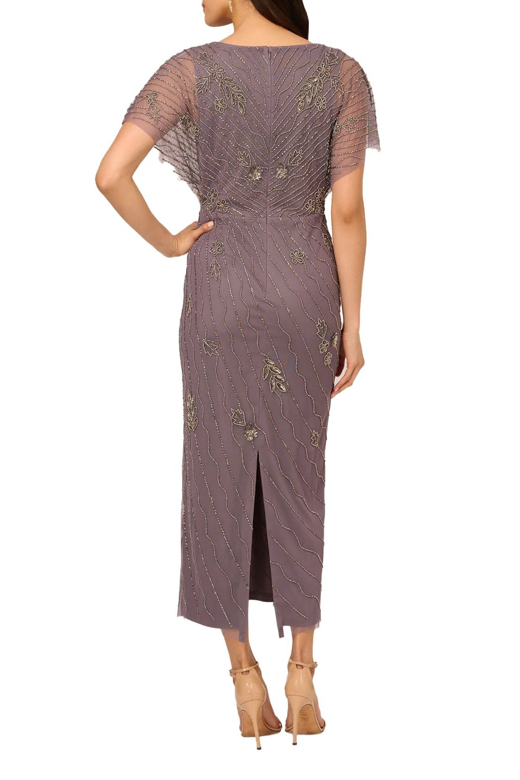 Adrianna Papell Beaded Ankle Length Dress With Sheer Flutter Sleeves Dress-2