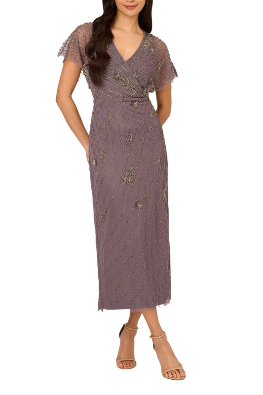 Adrianna Papell Beaded Ankle Length Dress With Sheer Flutter Sleeves Dress-0