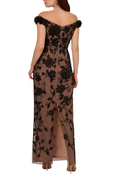 Adrianna Papell Off-the-Shoulder Neckline Sheer Knit Mesh Beaded Sequin Floral Design Fitted Silhouette Column Skirt Dress-1