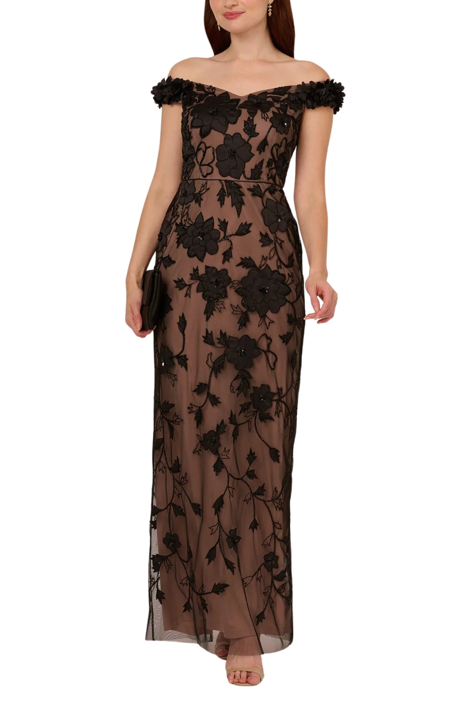 Adrianna Papell Off-the-Shoulder Neckline Sheer Knit Mesh Beaded Sequin Floral Design Fitted Silhouette Column Skirt Dress-0