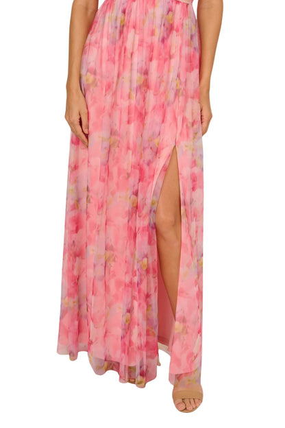 Adrianna Papell Floral Print Tulle Off-The-Shoulder A-Line Dress-3