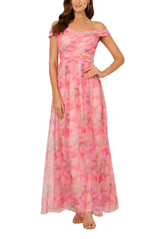 Adrianna Papell Floral Print Tulle Off-The-Shoulder A-Line Dress-0