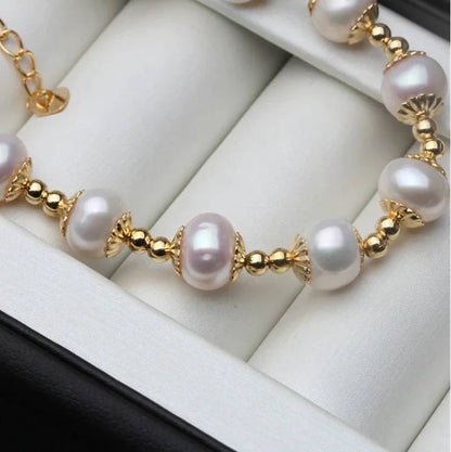 Genuine Freshwater White Pearl Bracelet in Gold-0