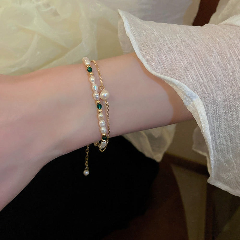 Designer Handmade Genuine White Freshwater Pearl & Simulated Emerald Bracelet in Gold-2